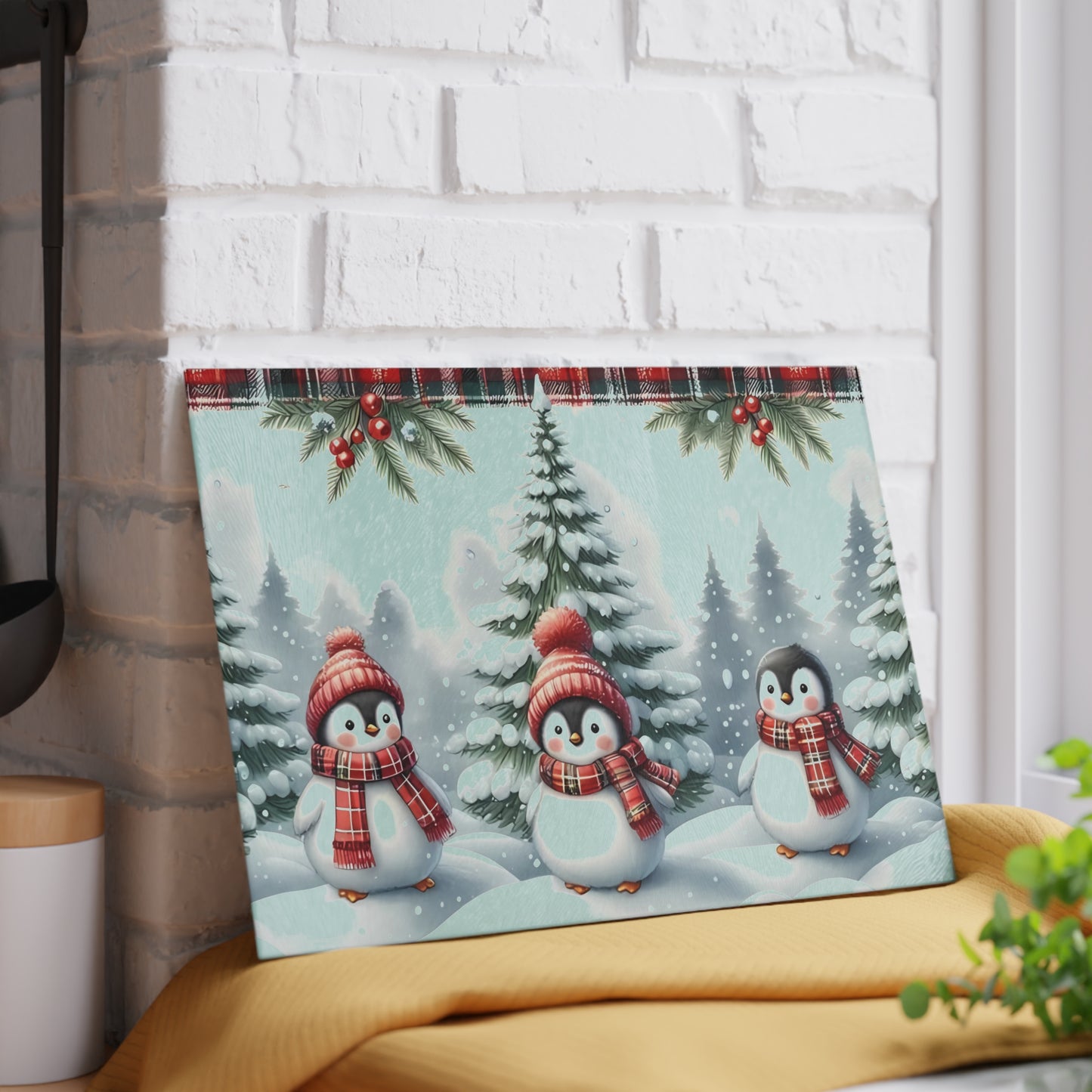 🐧🎄 Winter Penguin Wonderland Cutting Board – Festive Holiday Kitchen Décor with Plaid Accents ❄️✨