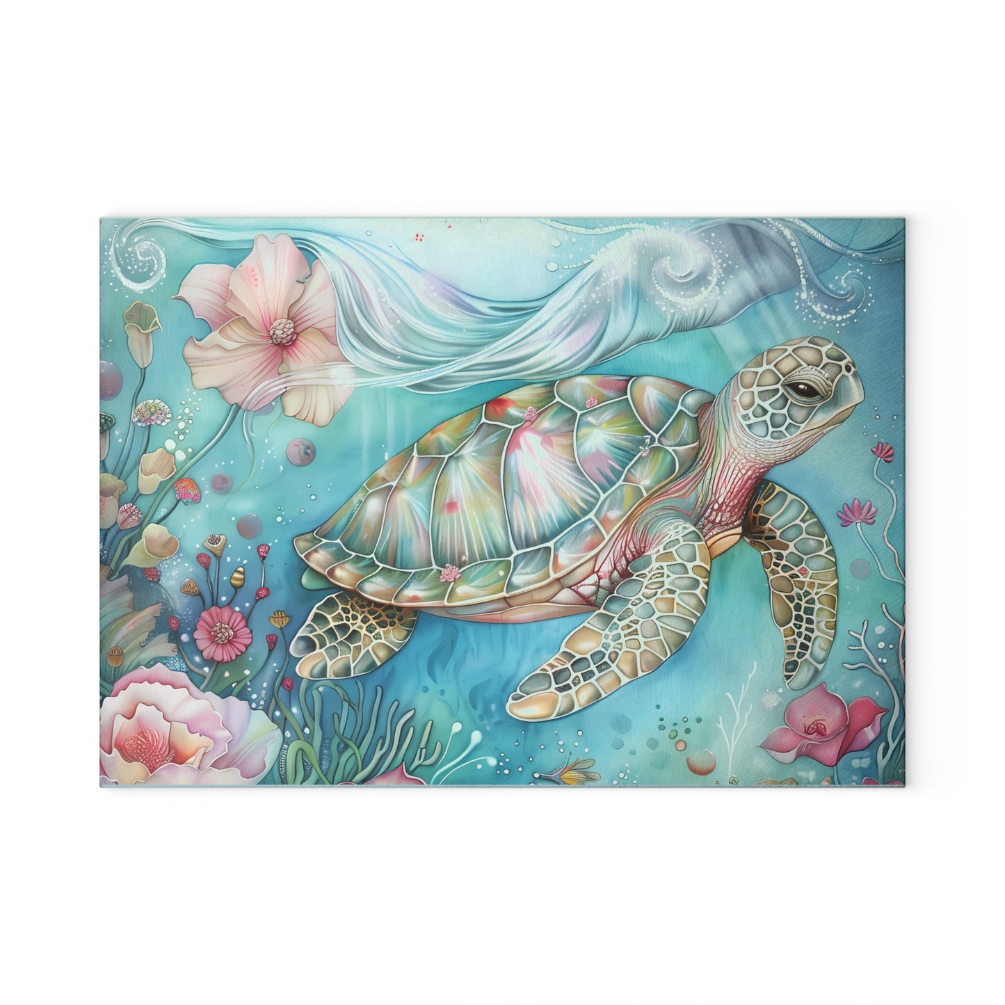 🌊🌸 Escena floral submarina de tortugas marinas coloridas – Tabla de cortar de vidrio