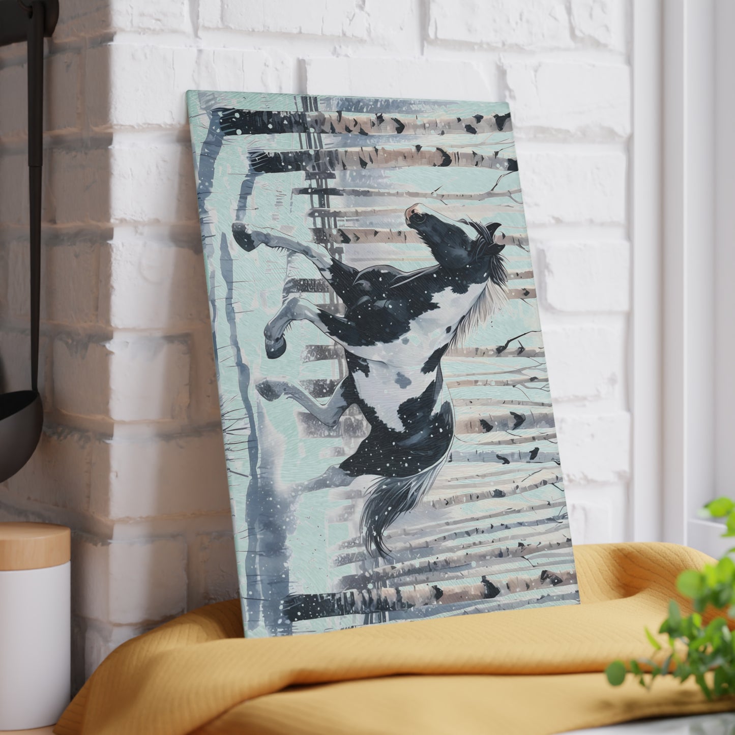 ❄️ Snowy Gallop Cutting Board – Majestic Horse in Birch Forest Winter Scene