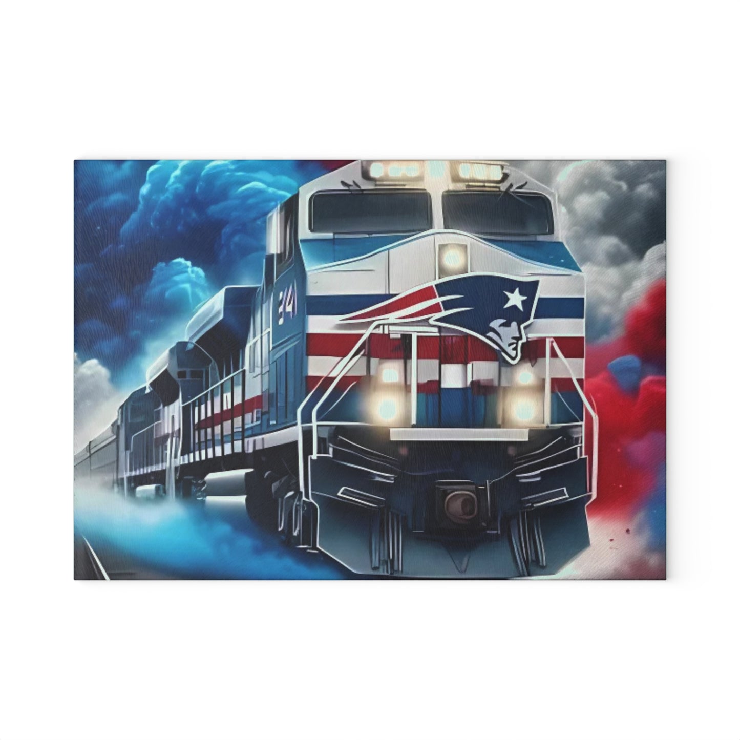 Tabla de cortar de vidrio Express en azul marino, rojo y plateado: arte clásico de trenes para cocinas patrióticas y refinadas