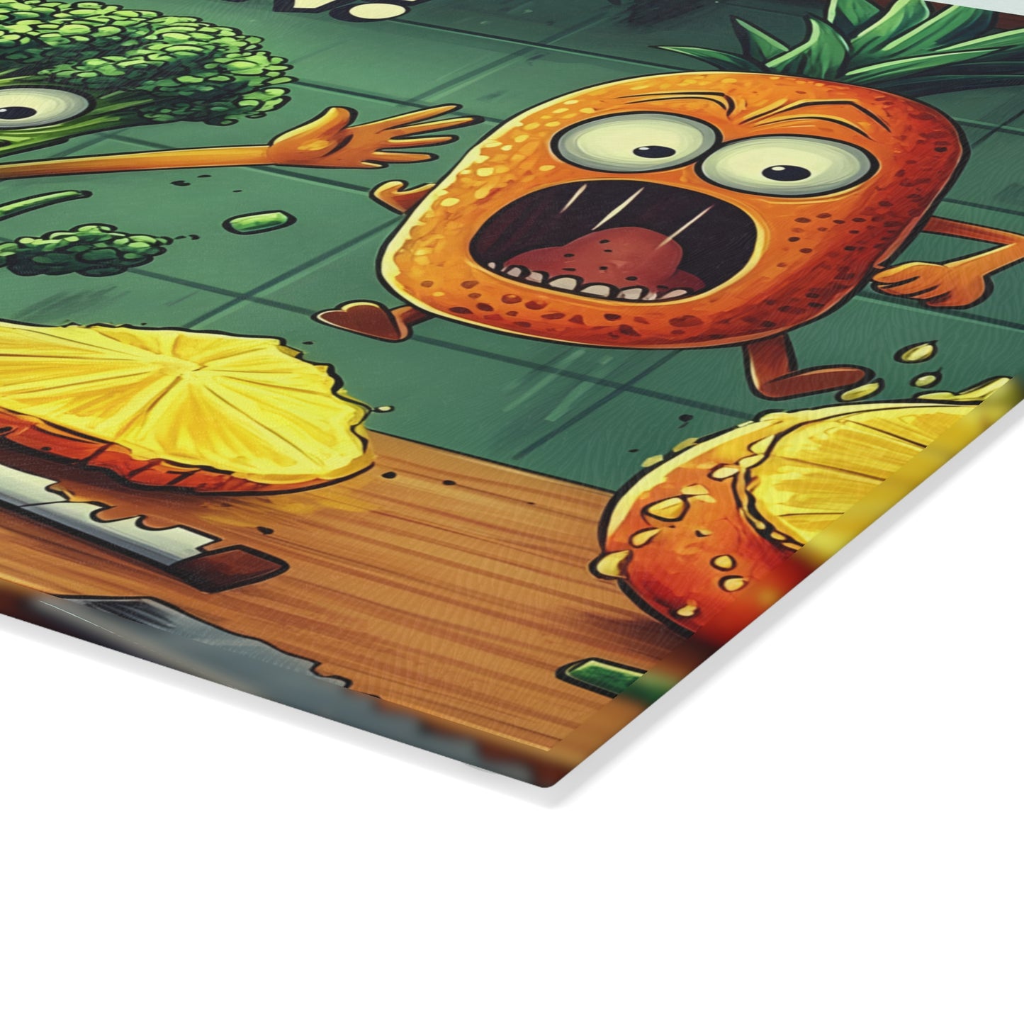 Tabla de cortar de vidrio "¡CORRE!" - Decoración de cocina de humor de Scared Veggies 😱🔪