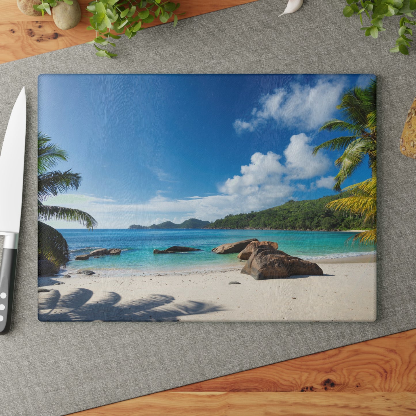 Tabla de cortar de vidrio con diseño de playa y palmeras – Decoración de cocina costera