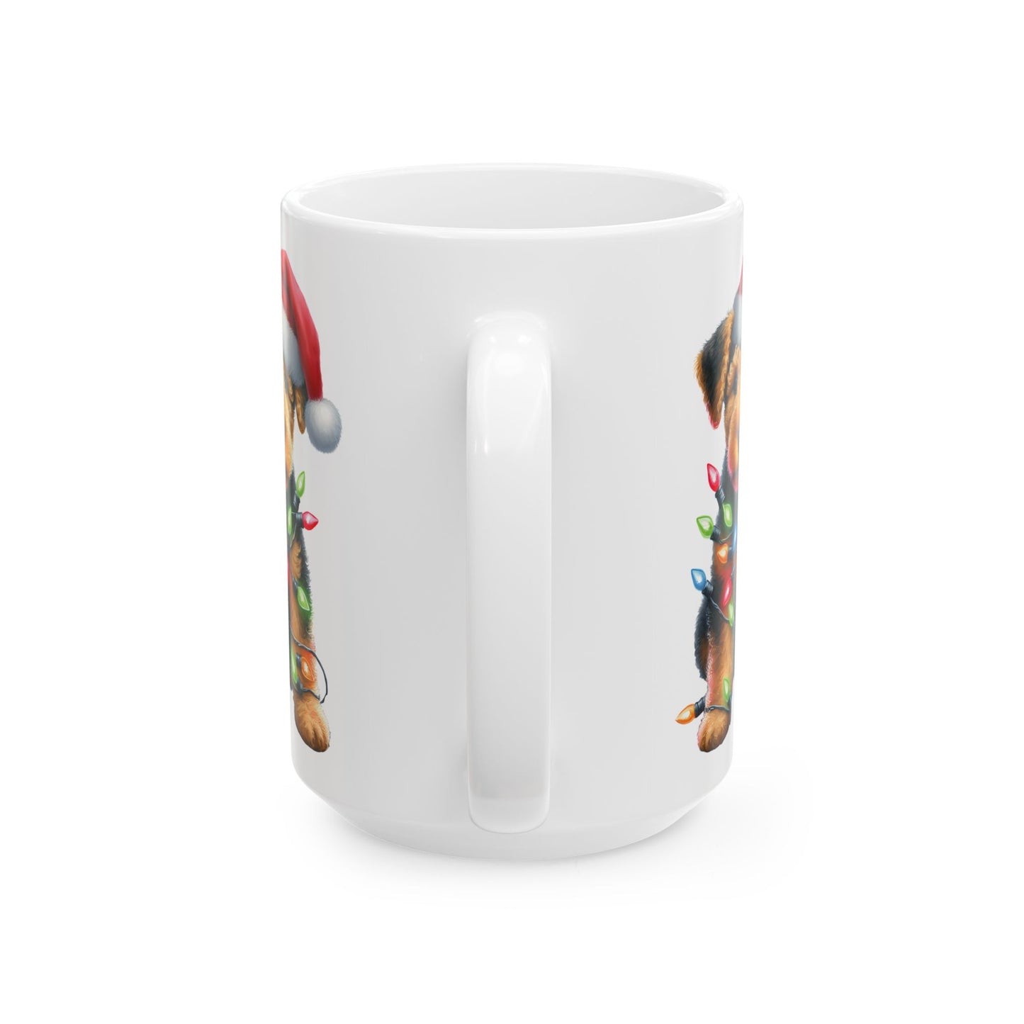 ๐ Airedale Terrier Christmas Mug โ Jolly Pup with Santa Hat & Twinkling Lights ๐