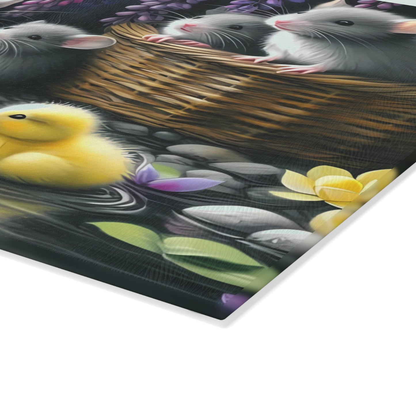 Tabla de cortar con patitos y ratones en un jardín primaveral: decoración de cocina de vidrio con un toque caprichoso