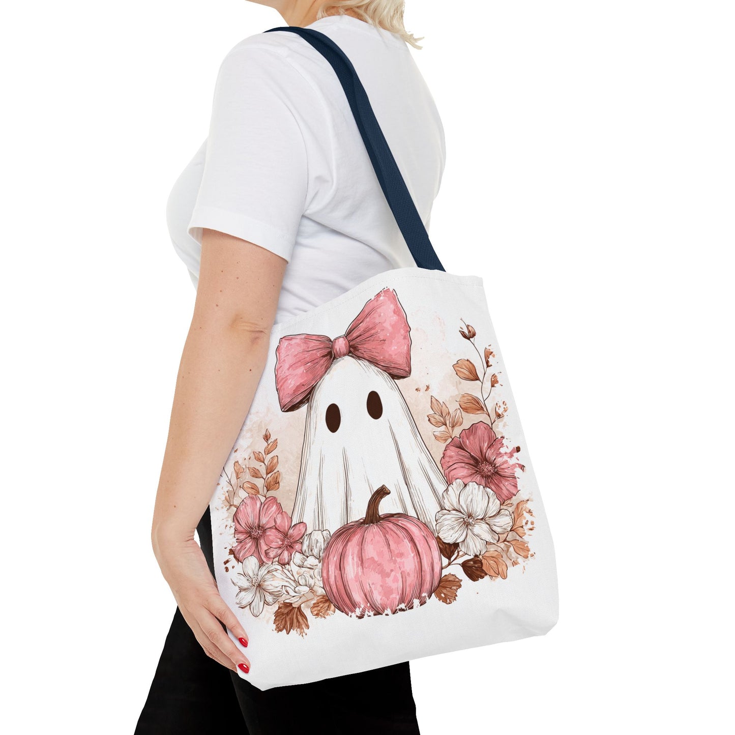 ๐ป Pink Bow Ghost Floral Halloween Tote Bag โ Spooky Cute with Fall Charm ๐๐