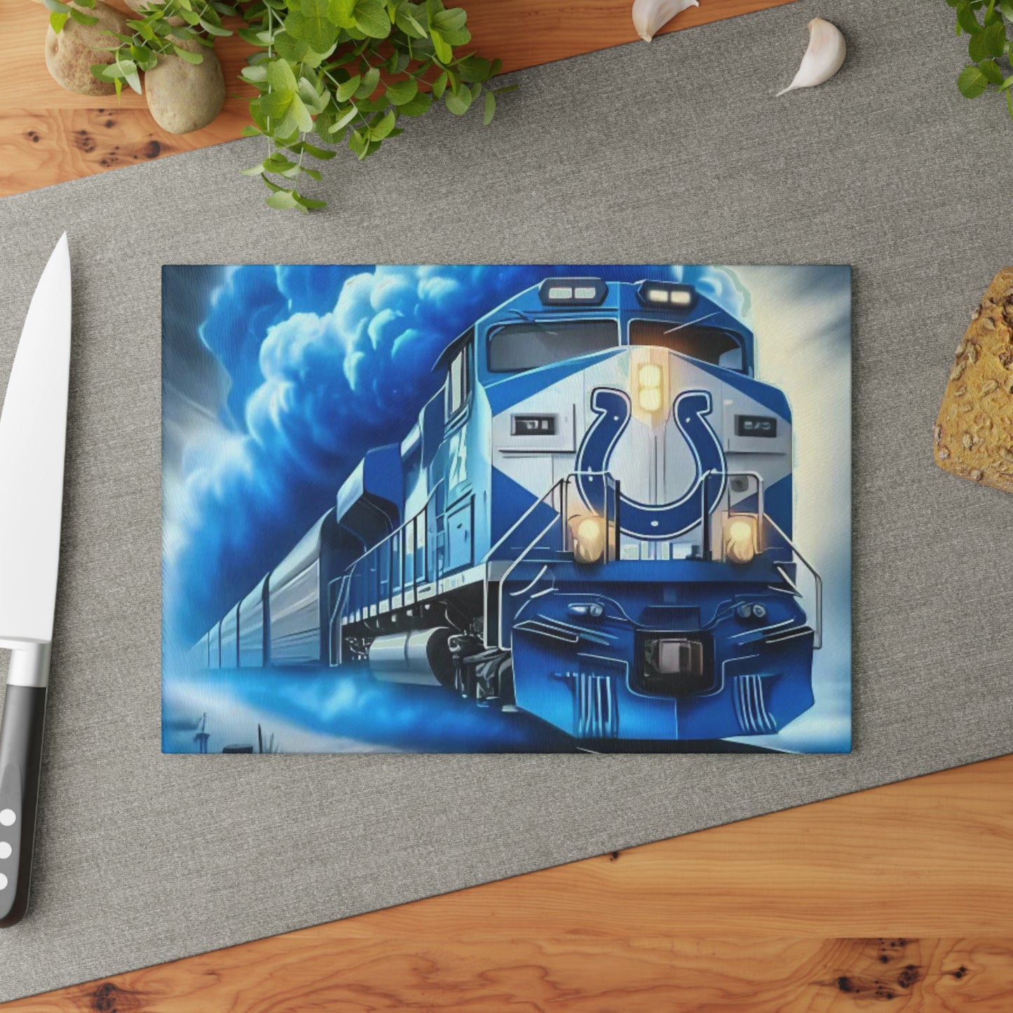 Royal Blue & White Express Glass Cutting Board – Sleek Train Art for Clean, Modern Kitchens