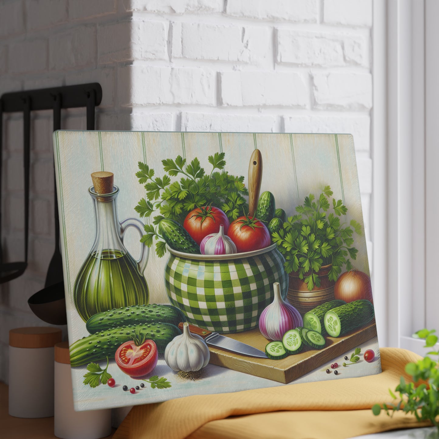 Tabla de cortar pepinos y tomates frescos de granja: un encanto campestre para tu cocina