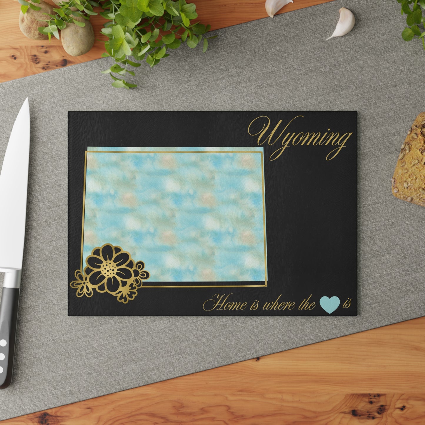 🌿 Wyoming Floral State Cutting Board – Sky Blue Serenity Meets Rustic Gold 🌿