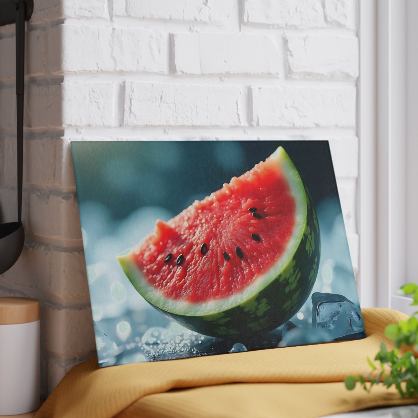 Tabla de cortar de vidrio con rodajas de sandía sobre hielo: una refrescante decoración de cocina de verano, un vibrante regalo con temática frutal.