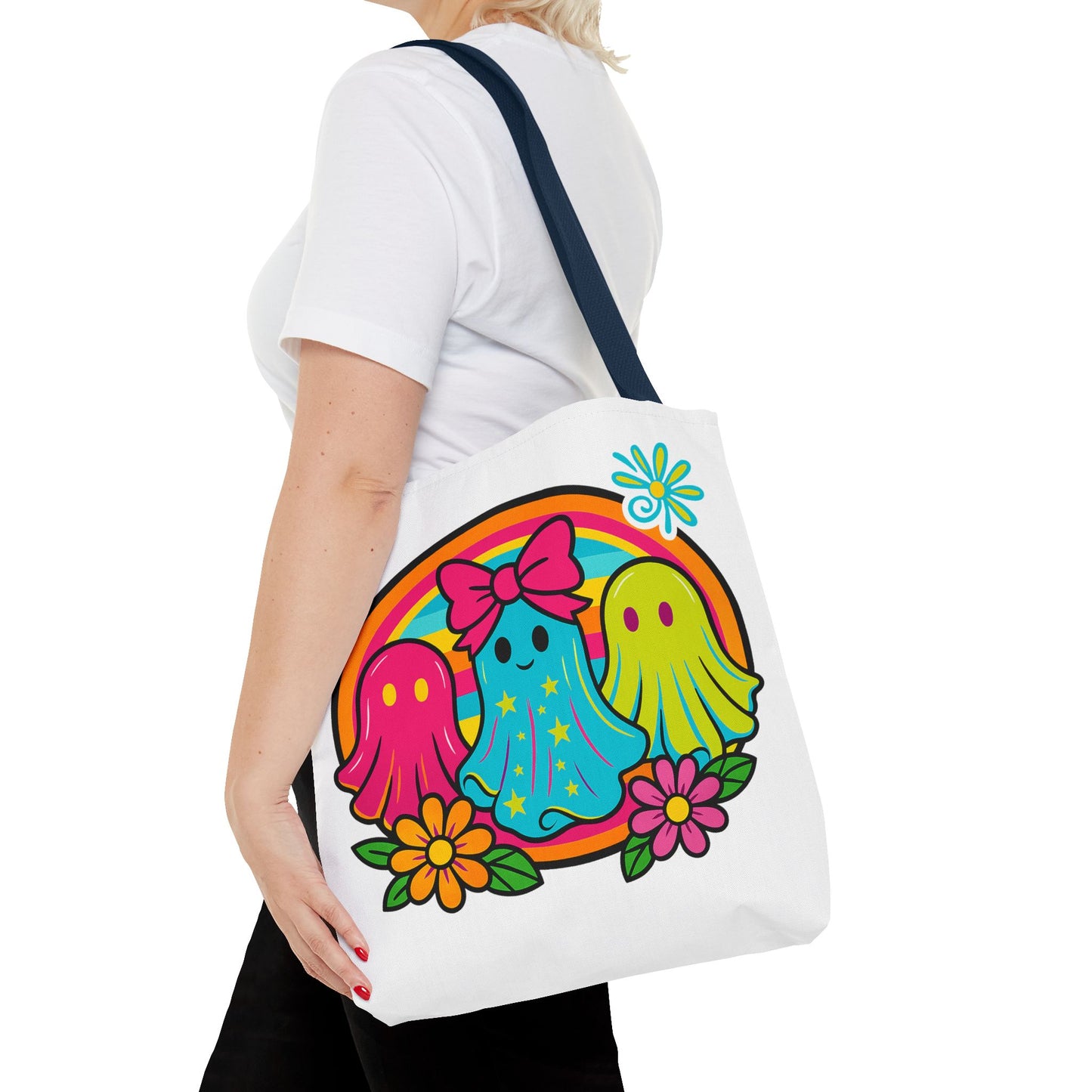 ๐ Retro Rainbow Ghosts Tote Bag โ Groovy Spooky Fun ๐ป๐
