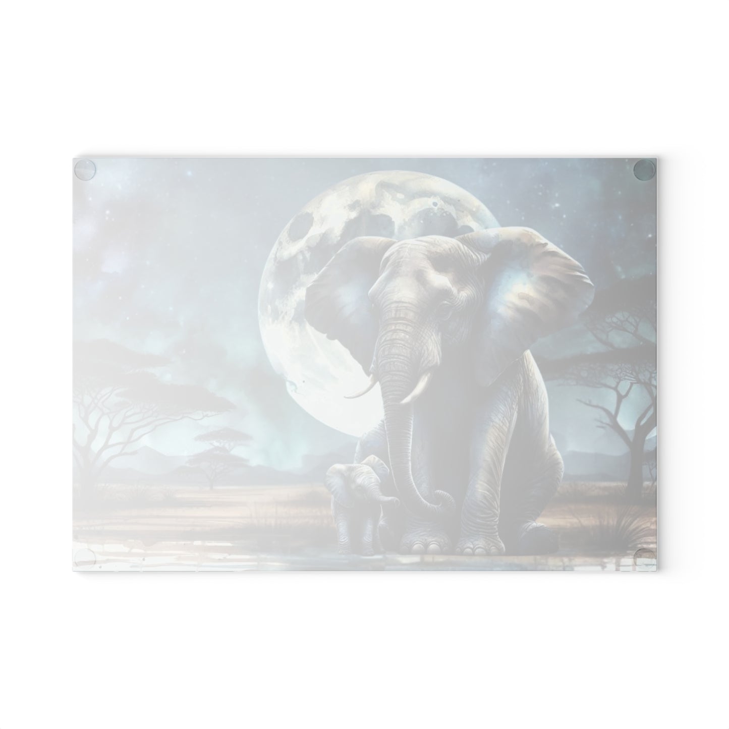 Tabla de cortar de vidrio con forma de mamá y bebé elefante, con una luna llena brillante detrás de ellos