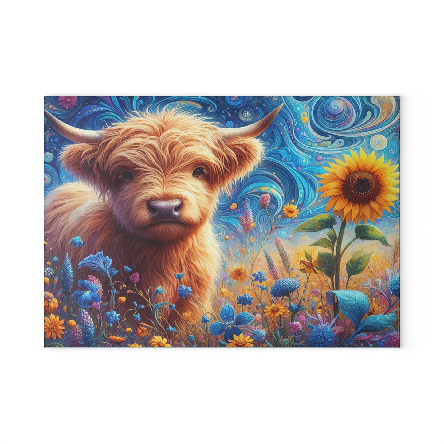 🐮🌻 Whimsy Highland Cow Glass Cutting Board – Floral Fantasy Farmhouse Style