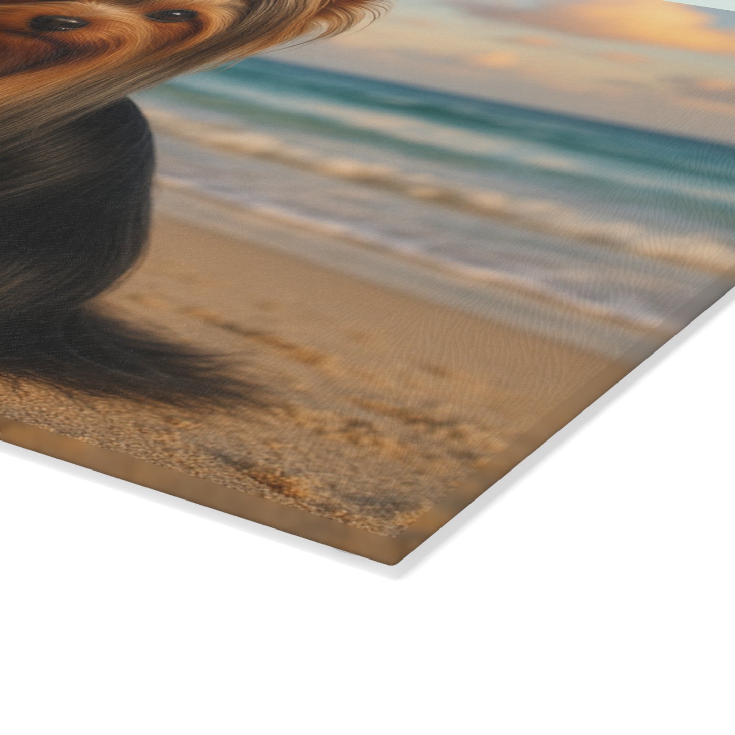 🐾🌊 Yorkie at the Beach Cutting Board – Coastal Glamour for Your Kitchen 🌴