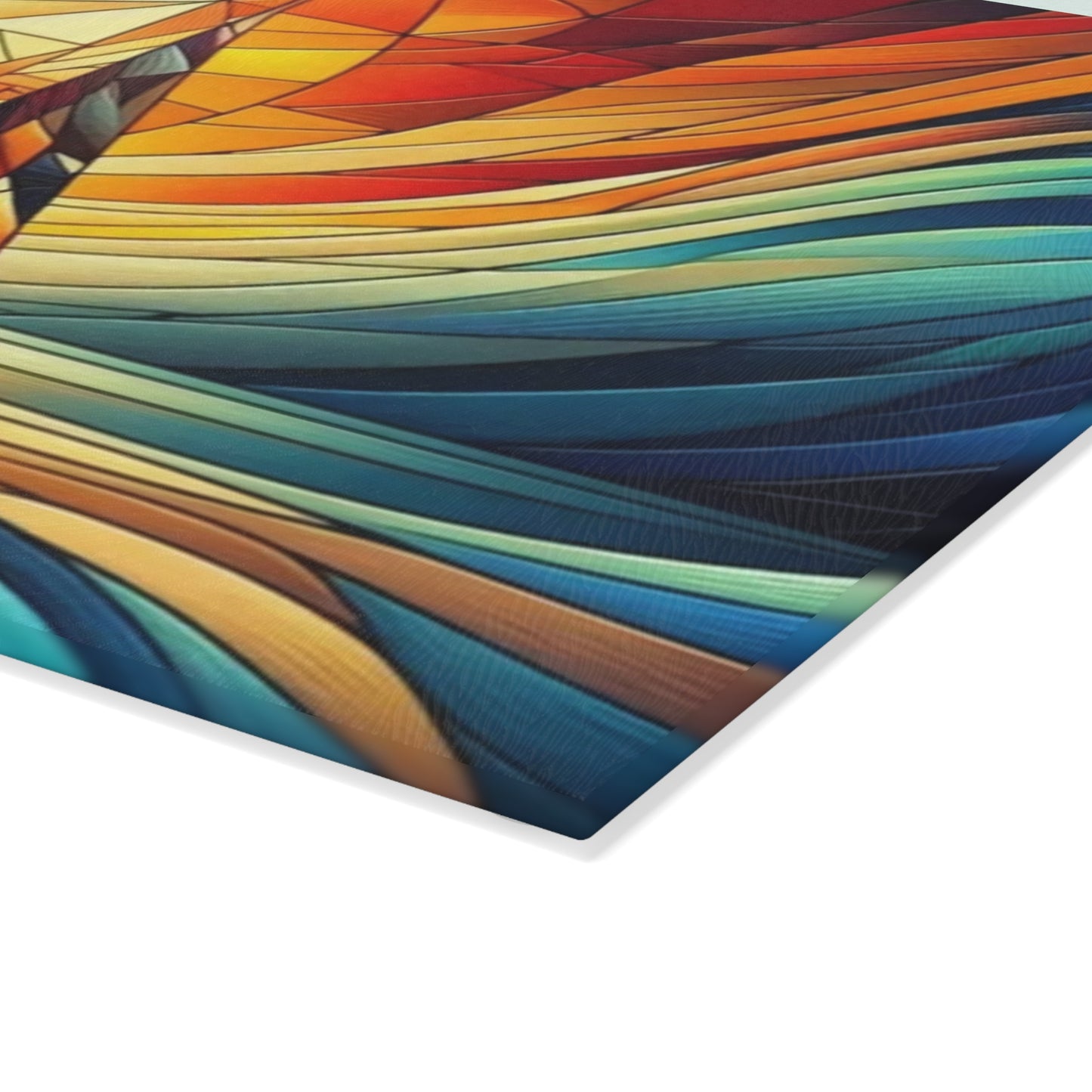 Tabla de cortar con diseño de velero al atardecer con aspecto de vitral: arte costero colorido para la cocina