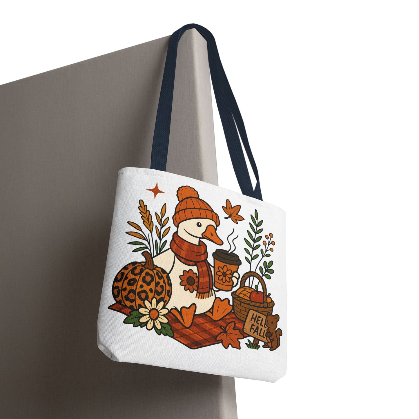 🧣 Hello Fall Cozy Duck Tote Bag – A Quirky Autumn Hug in a Bag 🍂🦆