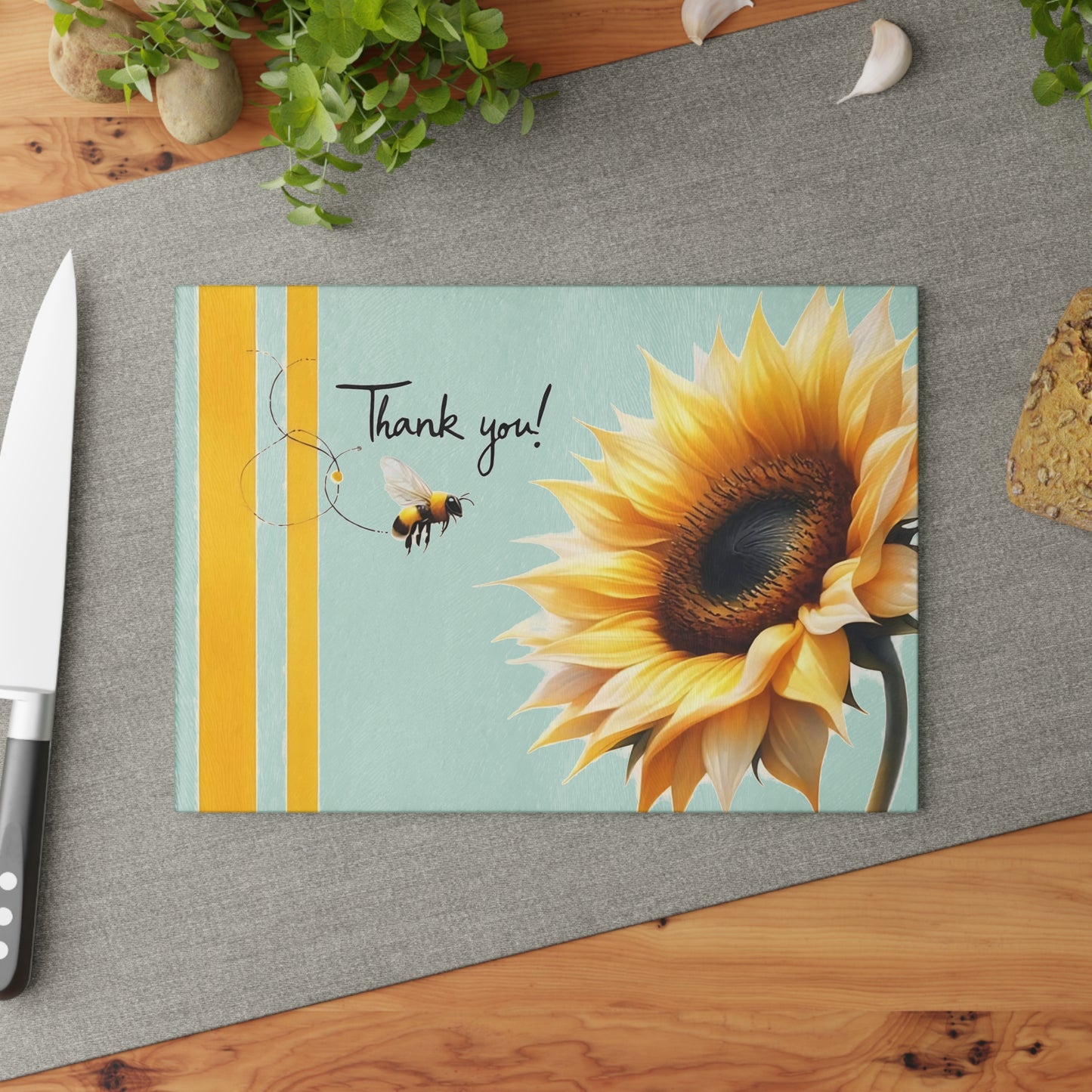 ¡Gracias! Tabla de cortar de vidrio con diseño de girasol y abeja: decoración floral brillante para la cocina