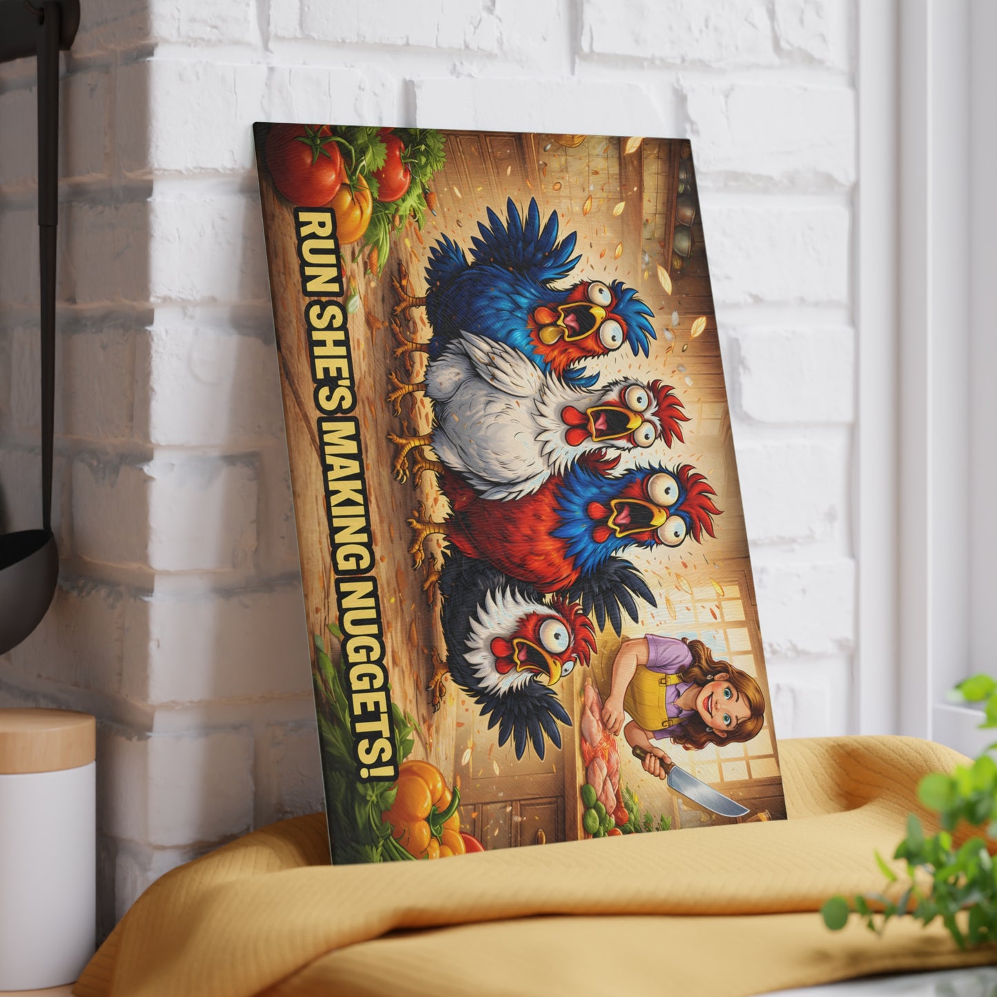 Run She’s Making Nuggets! Glass Cutting Board – Funny Chicken Kitchen Art