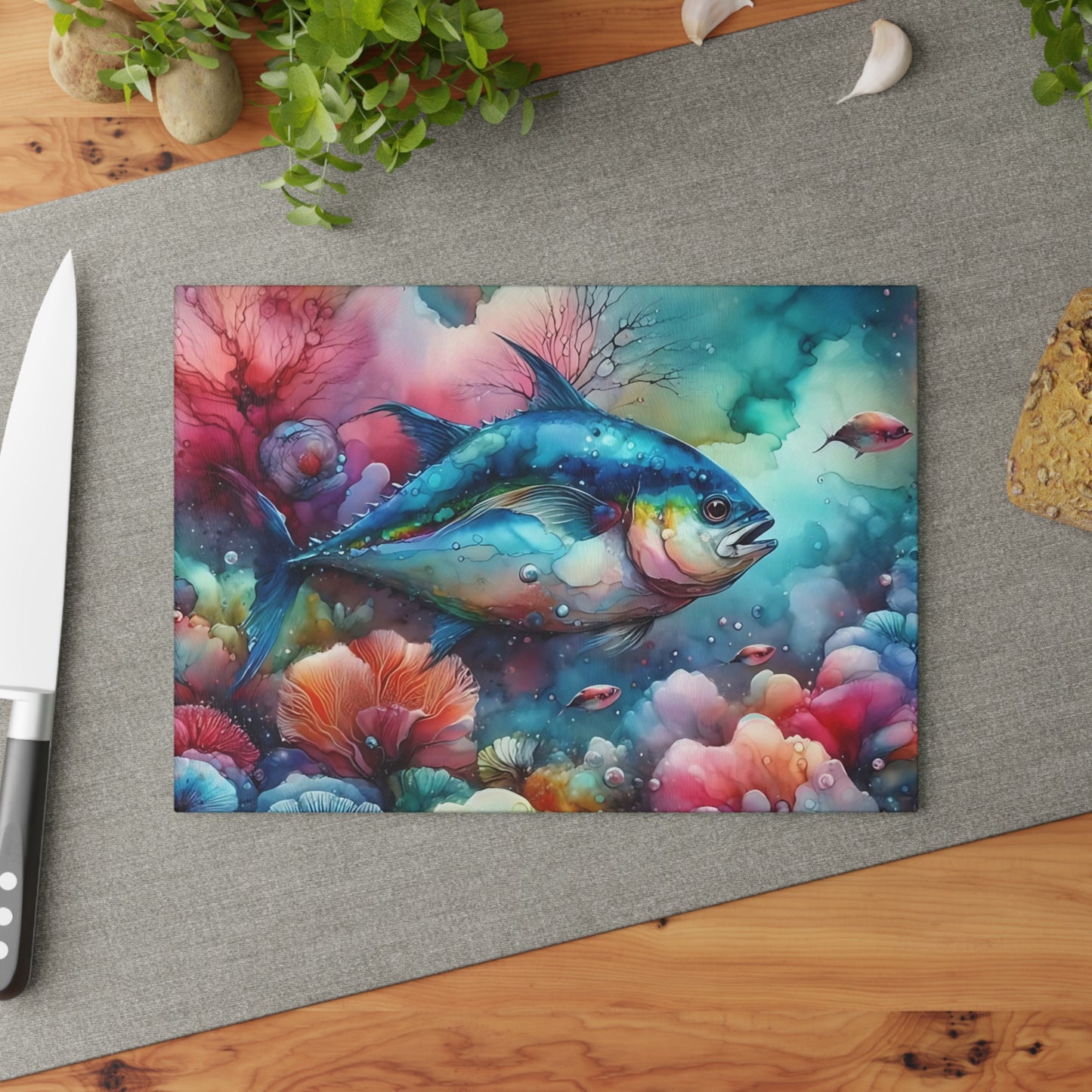 Tabla de cortar de vidrio con acuarela de atún: arte oceánico colorido para cocinas costeras y creativas