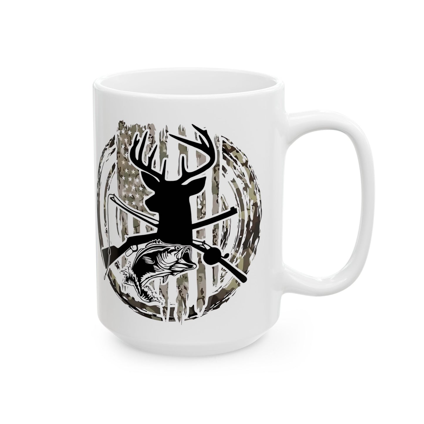 🦌🎣 TORN CAMO FLAG – Buck, Bass, Rifle & Fishing Rod Mug USA🔥