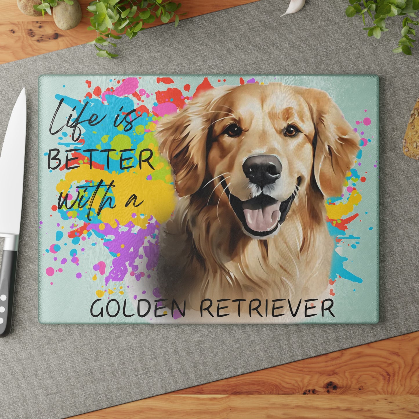 🐕 Life Is Better with a Golden Retriever Cutting Board – Color Splash & Canine Charm 🎨