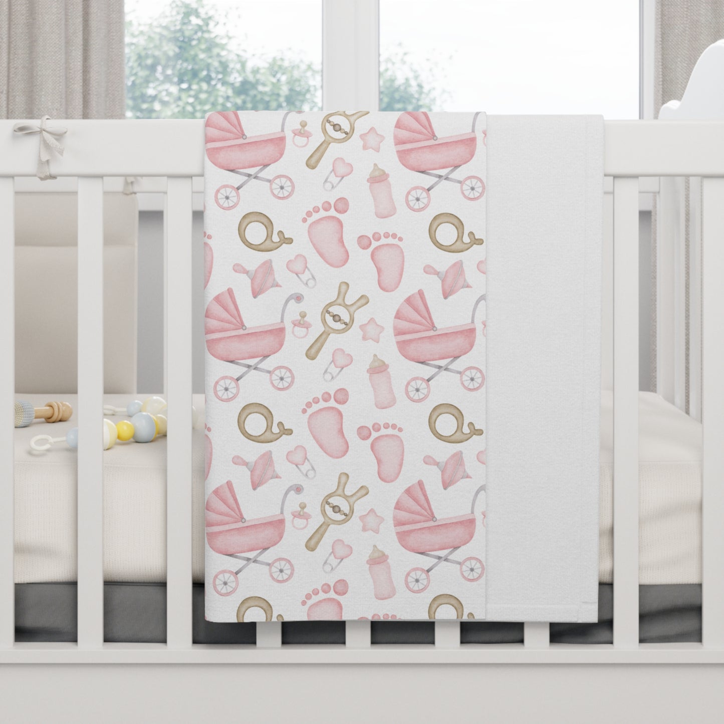 👶💗 Baby Icons Velveteen Plush Blanket – Pink on white