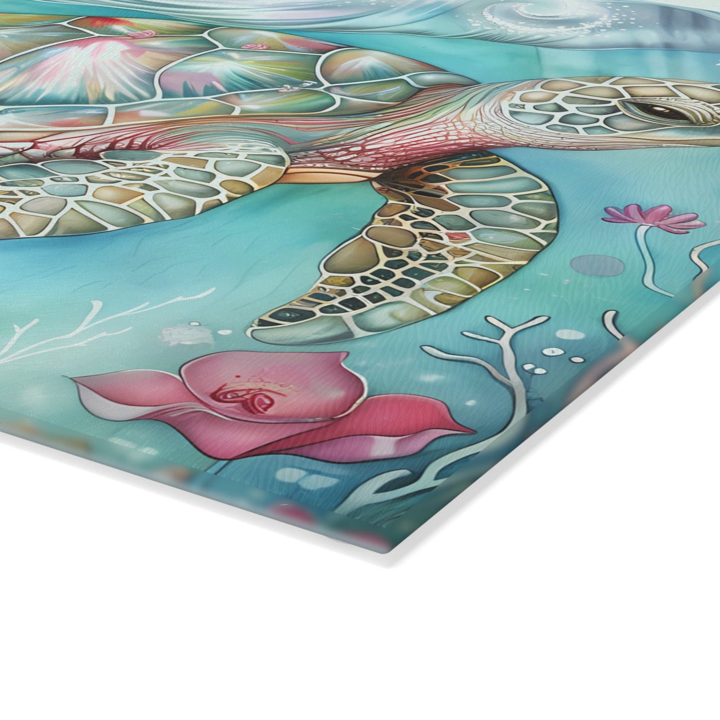 🌊🌸 Escena floral submarina de tortugas marinas coloridas – Tabla de cortar de vidrio