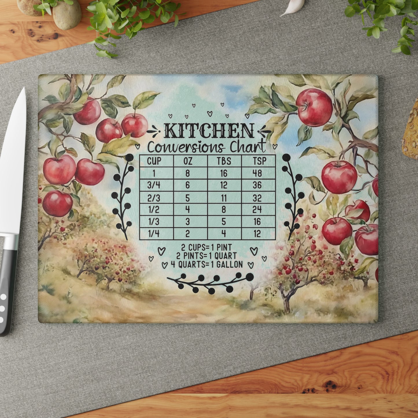 🍎📏 Apple Orchard Kitchen Conversions Cutting Board – Rustic Farmhouse Charm with Helpful Measurements 🌿🥧