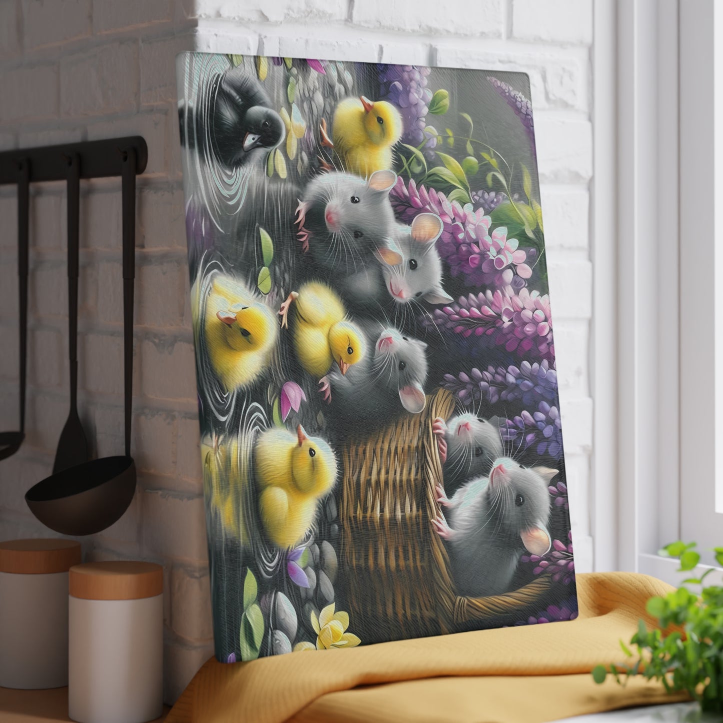Tabla de cortar con patitos y ratones en un jardín primaveral: decoración de cocina de vidrio con un toque caprichoso