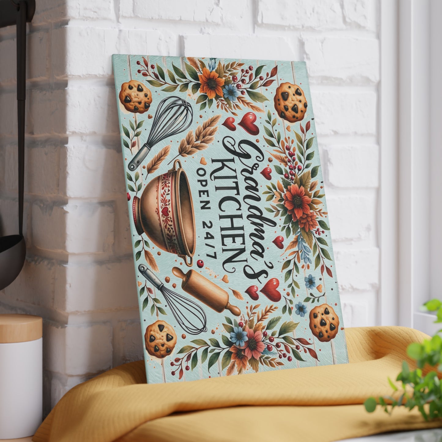 🍪❤️ Grandma’s Kitchen Cutting Board – Whimsical Farmhouse Charm with Cookies & Flowers 🌻🥣