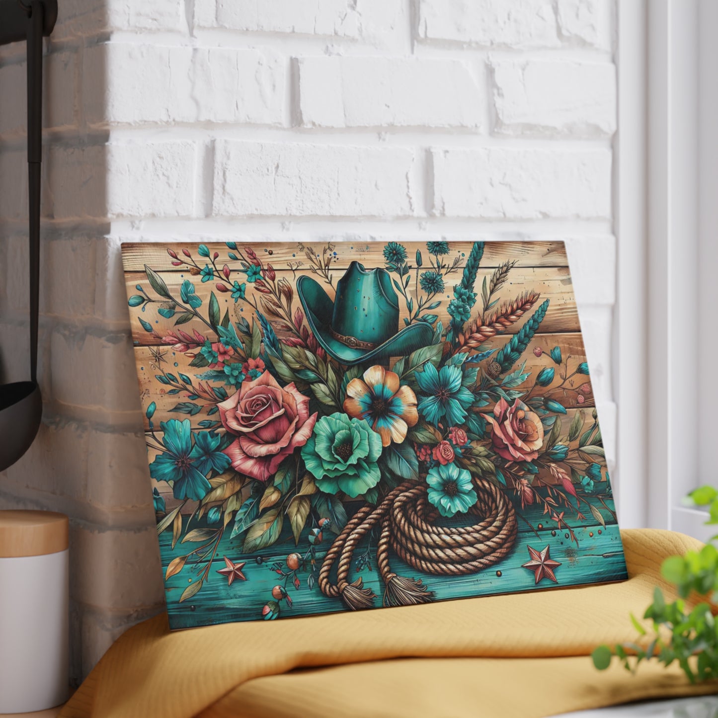 🤠 Western Cowboy Hat, Rope & Floral Rustic Cutting Board – Country Charm Kitchen Décor