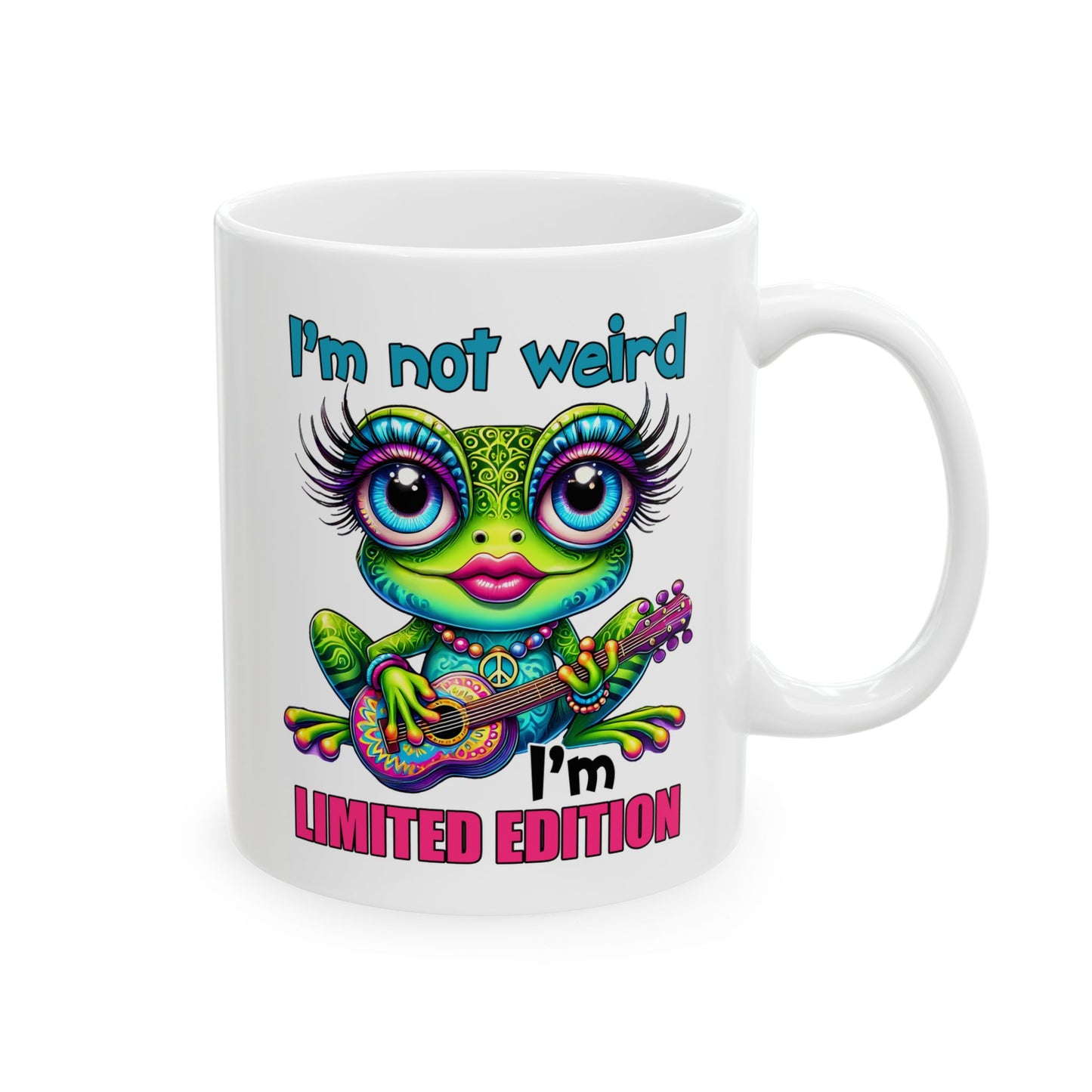 🌀 No soy raro, soy edición limitada: taza colorida de rana hippie con guitarra y actitud