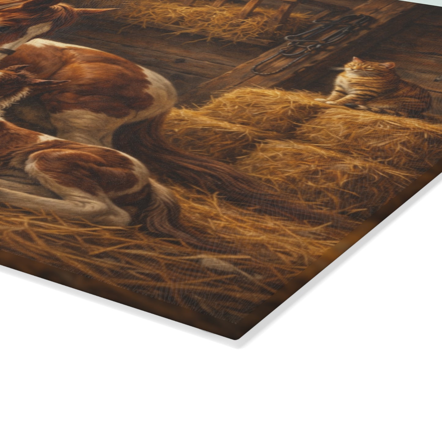 Mother Horse and Foal Barn Scene Glass Cutting Board – Rustic Farmhouse Kitchen Decor with Country Stable Artwork