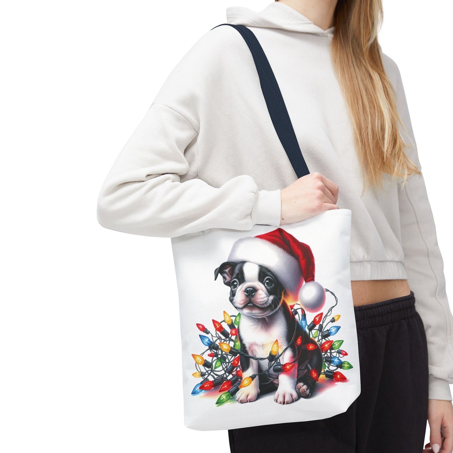 👜 Boston Terrier Christmas Lights Tote Bag – Holiday Sparkle Meets Puppy Love 🎄