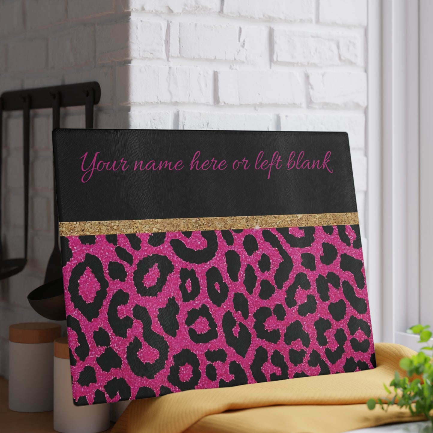 Tabla de cortar con estampado de leopardo rosa: decoración de cocina personalizada y llamativa con brillo y glamour