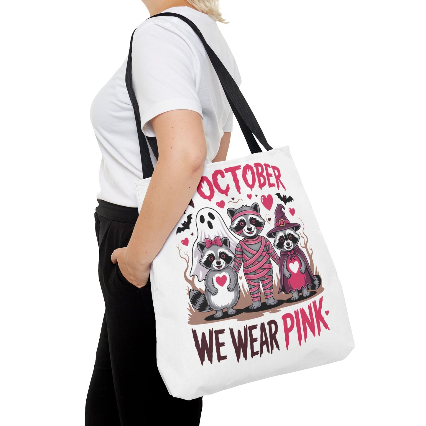 🎀 In October We Wear Pink Raccoon Halloween Tote Bag – Spooky Cute Awareness Style 🦝👜
