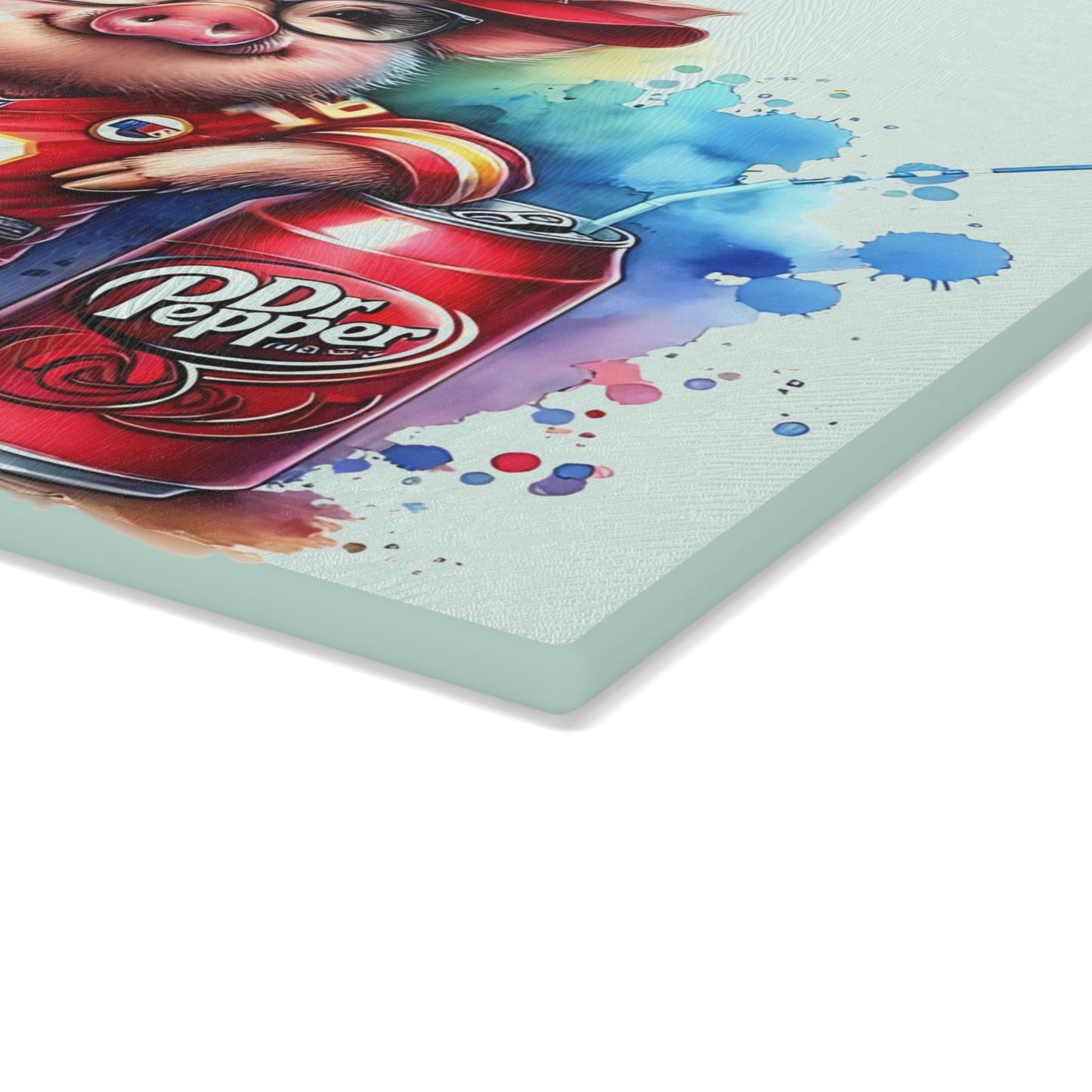Tabla de cortar de vidrio con diseño de cerdo Jersey rojo y salpicaduras de arcoíris: un estilo de charcutería divertido y colorido para cocinas vibrantes