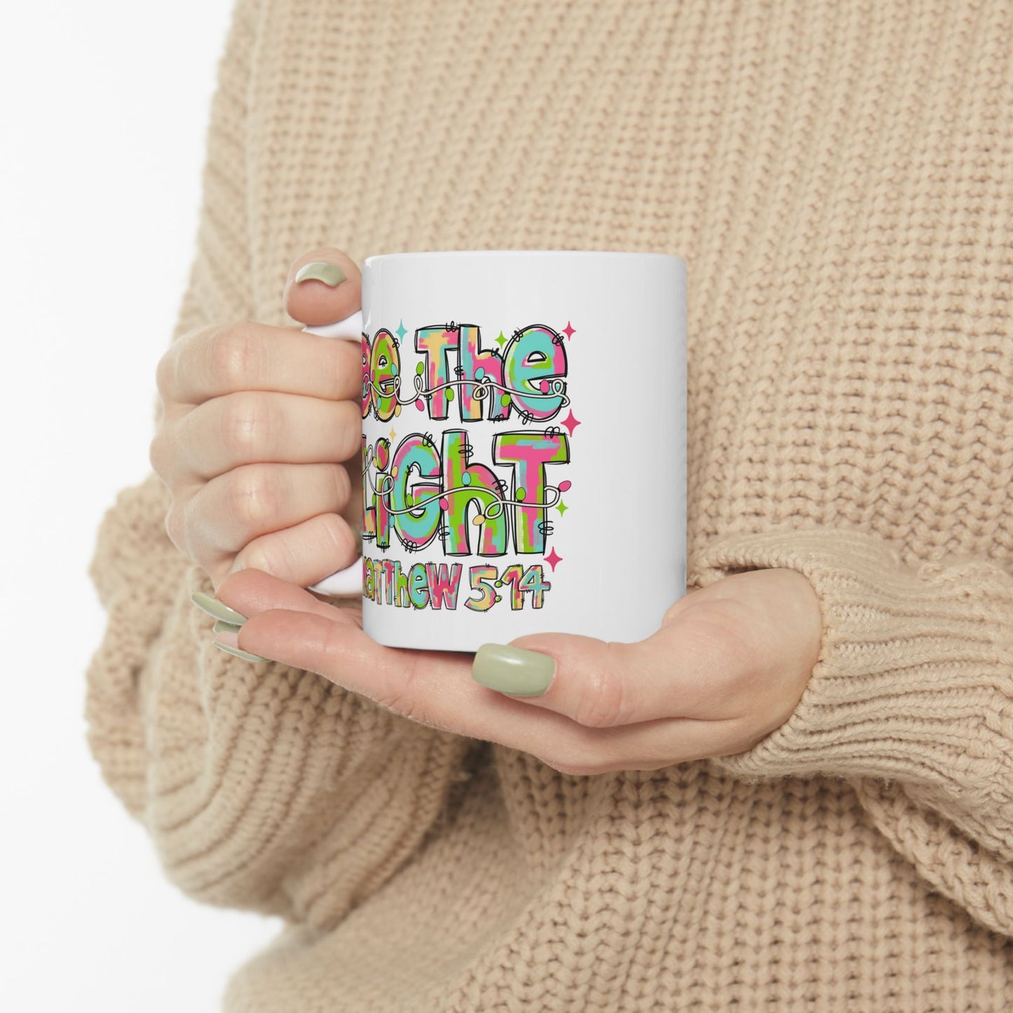☕ Be the Light Matthew 5:14 Mug – Colorful Faith & Christmas Cheer 🌟🎄