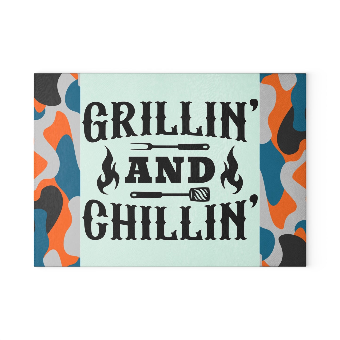🔥 GRILLIN AND CHILLIN Glass Cutting Board – Camouflage BBQ Prep Style 🍔
