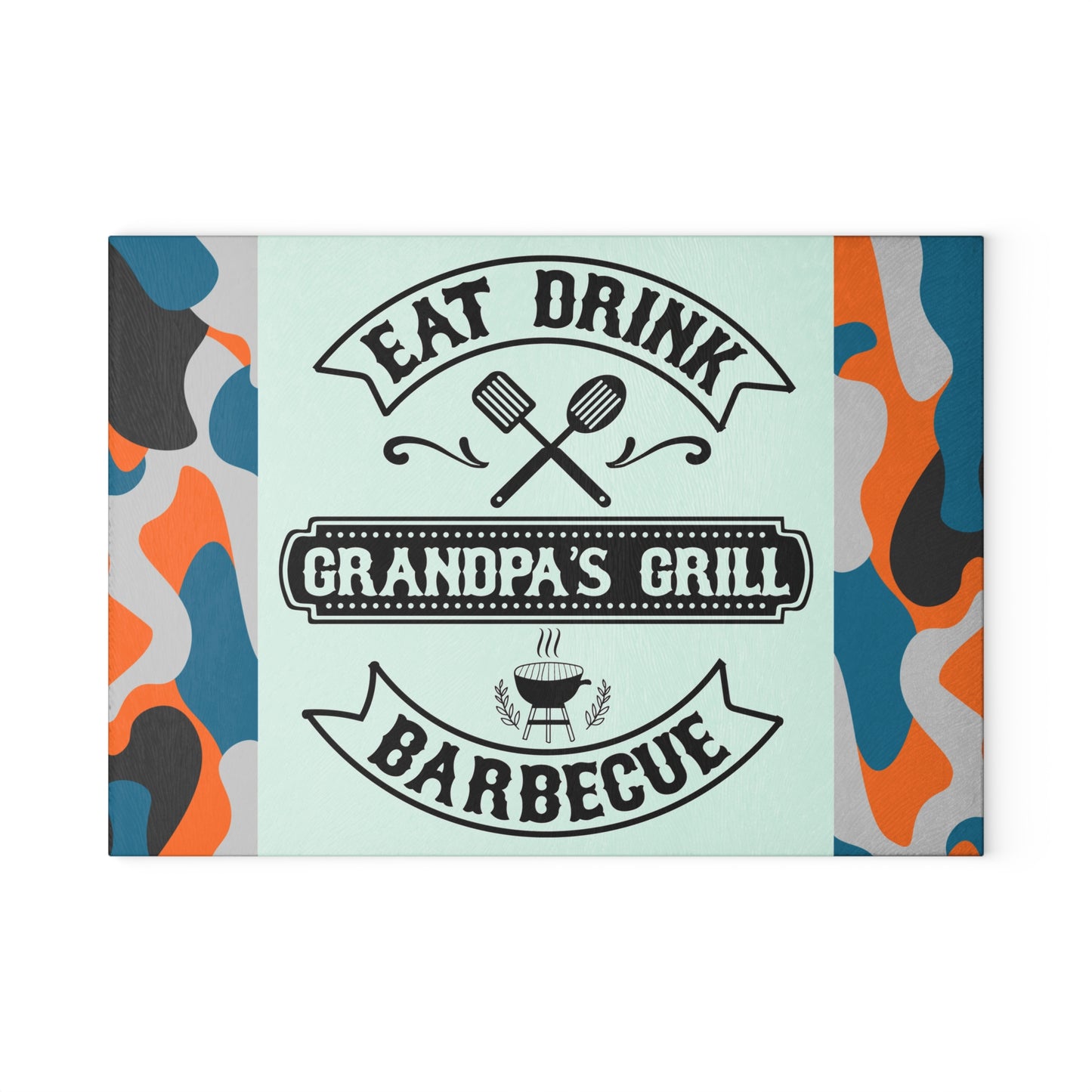 EAT DRINK GRANDPA’S GRILL BARBEQUE – Camo Glass Cutting Board for Backyard Kings 🧢🍔