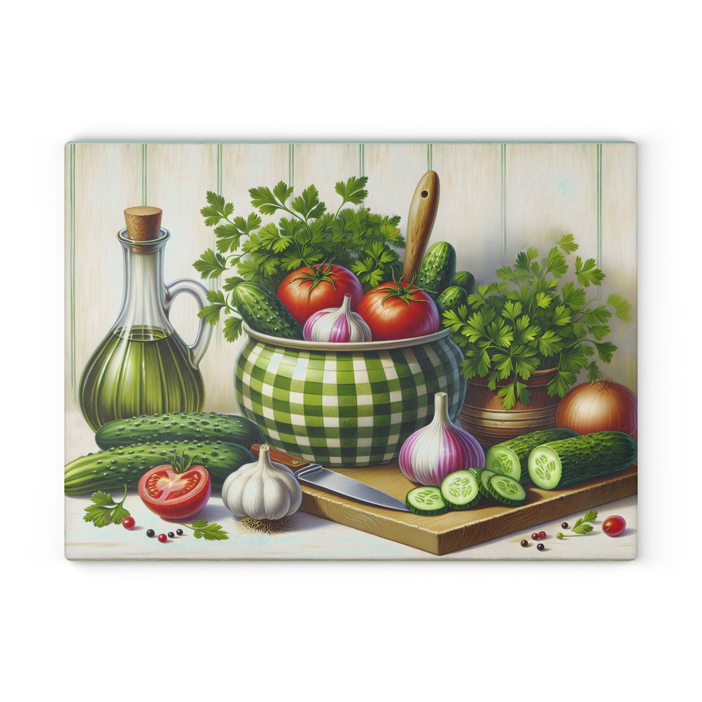 Tabla de cortar pepinos y tomates frescos de granja: un encanto campestre para tu cocina