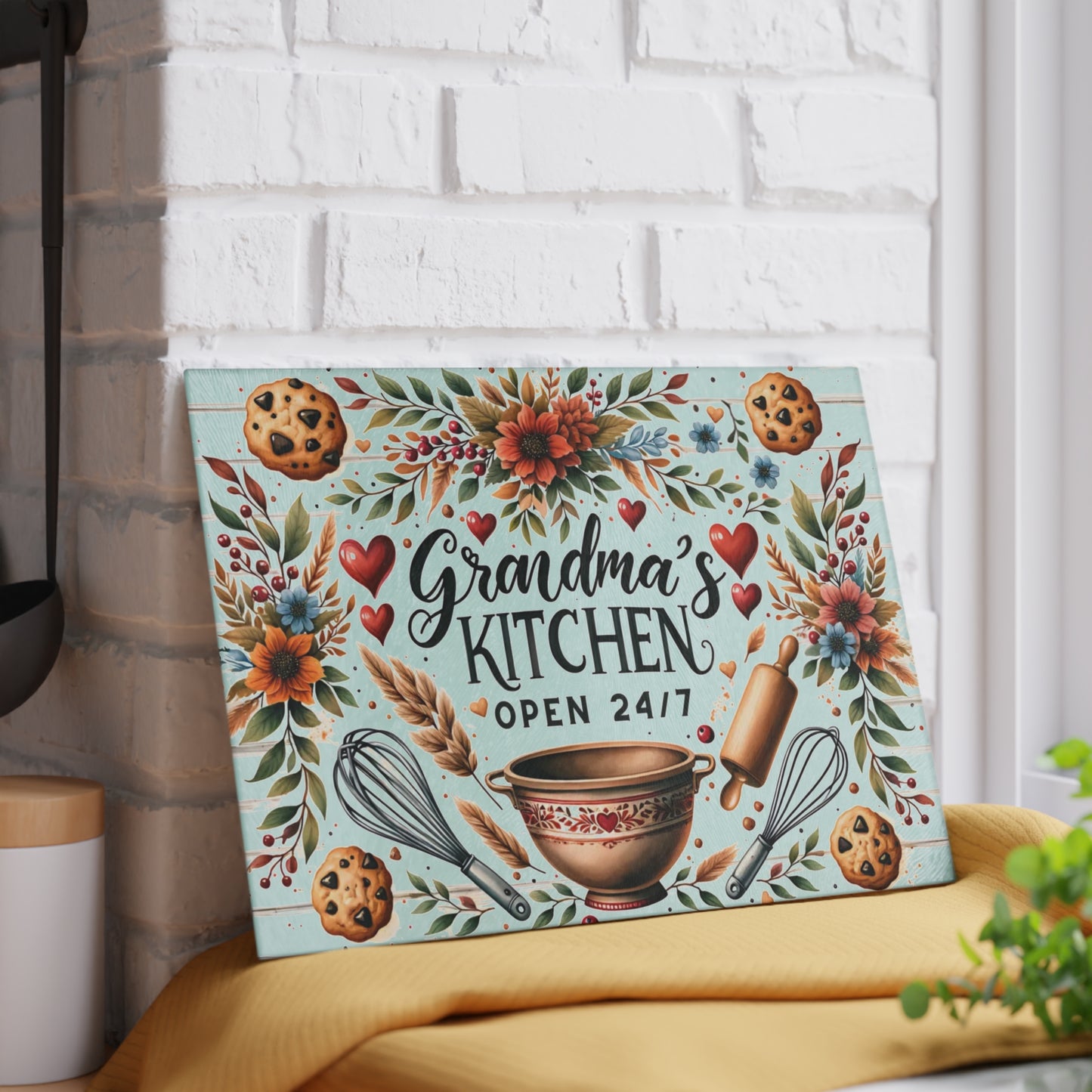 🍪❤️ Grandma’s Kitchen Cutting Board – Whimsical Farmhouse Charm with Cookies & Flowers 🌻🥣