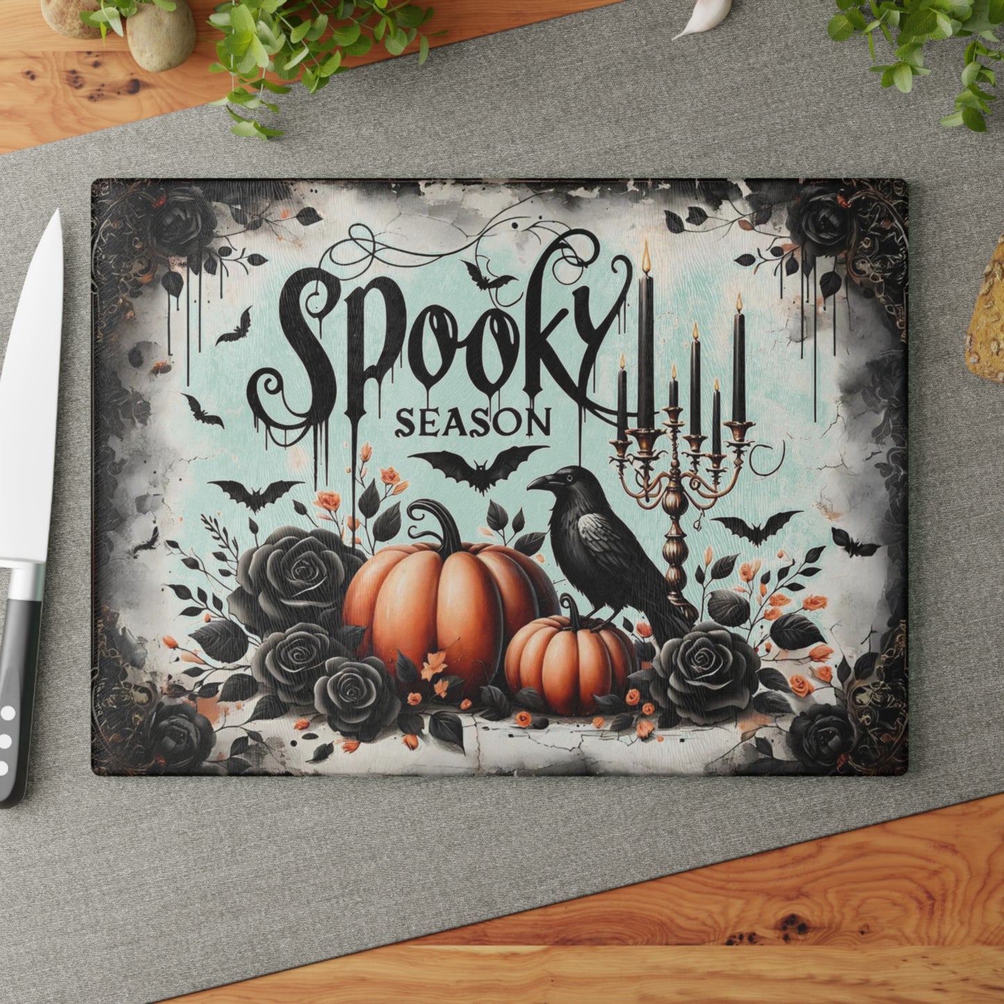 🎃 Spooky Season Halloween Pumpkins & Raven Cutting Board – Gothic Autumn Kitchen Décor