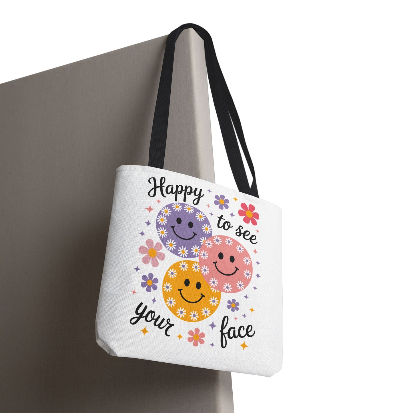 ๐ผ Happy Face Daisy Tote Bag โ Retro Smiles with Floral Charm ๐ธ