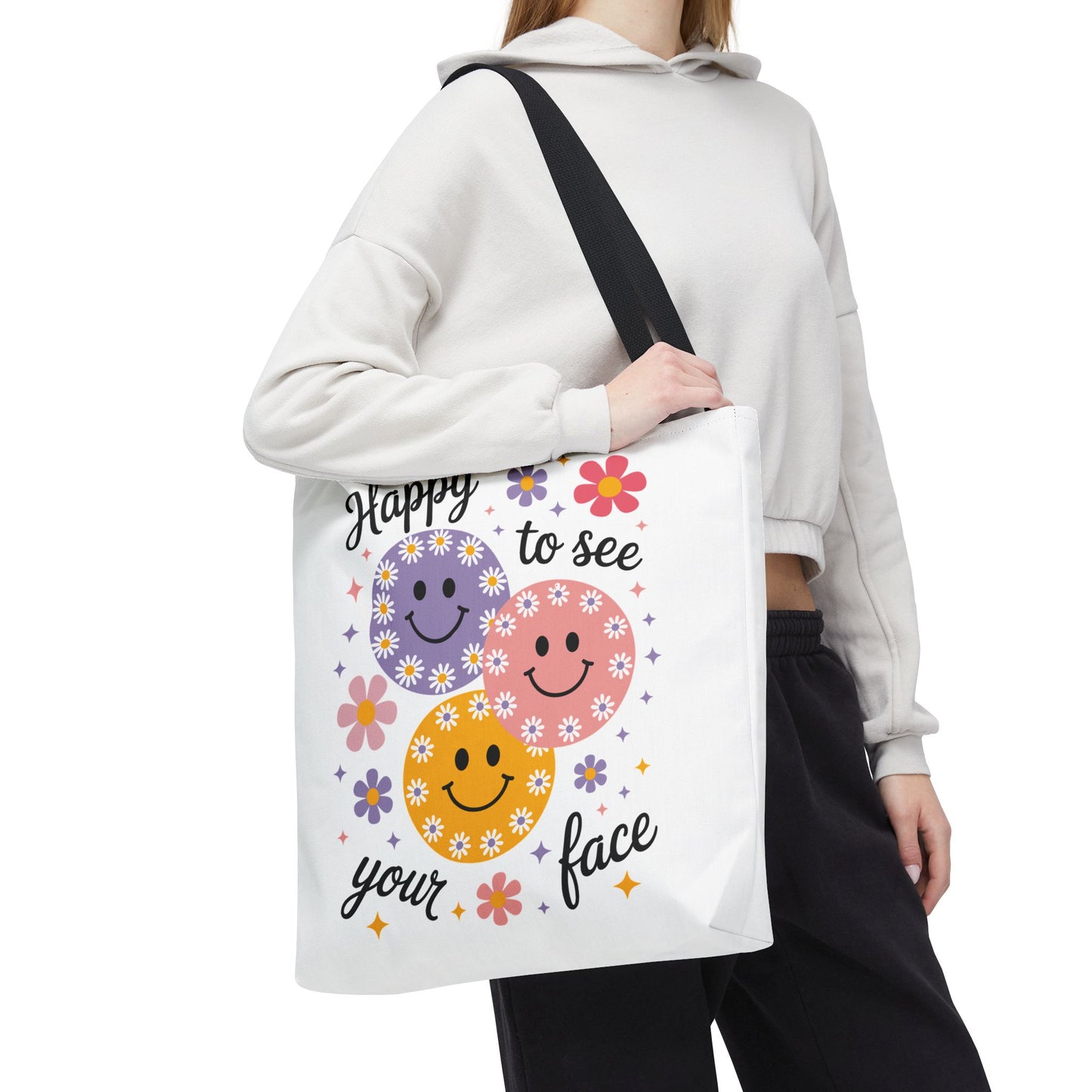 ๐ผ Happy Face Daisy Tote Bag โ Retro Smiles with Floral Charm ๐ธ