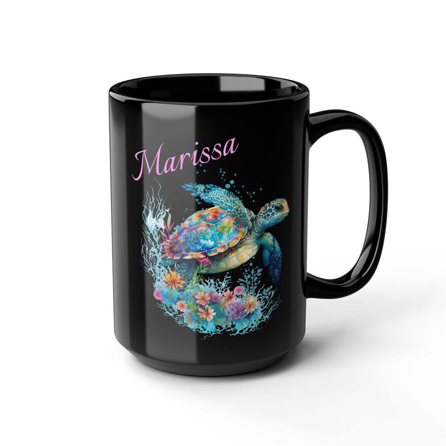 Taza de café personalizada de tortuga marina negra (15 oz) para amantes del océano, taza personalizada del océano, regalo para amantes del mar, taza de café costera, idea de regalo tropical, fanático de las tortugas marinas