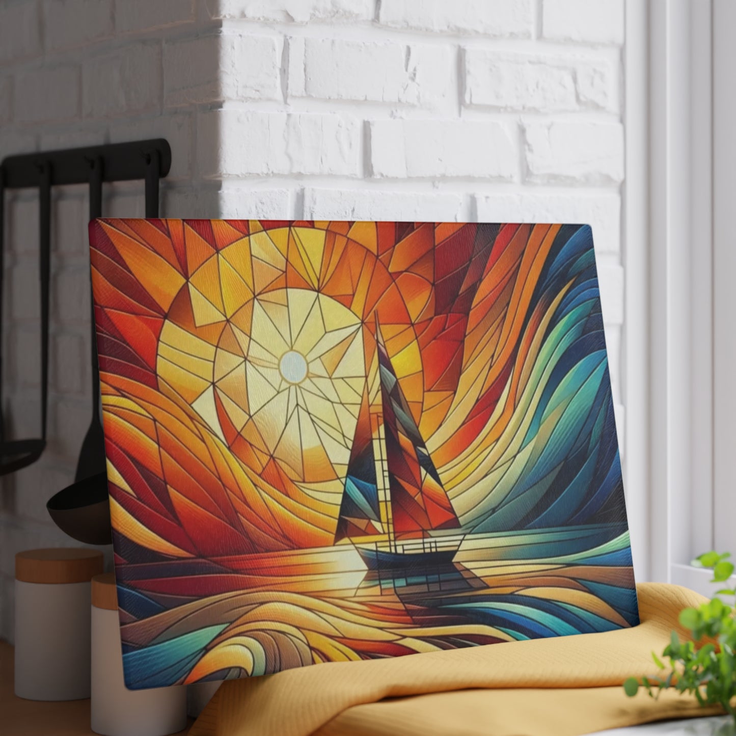Tabla de cortar con diseño de velero al atardecer con aspecto de vitral: arte costero colorido para la cocina
