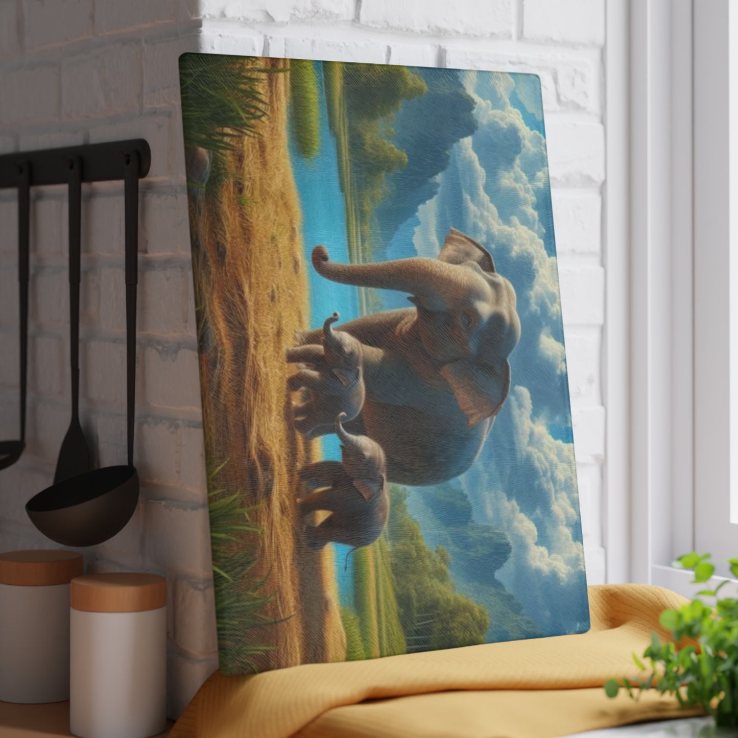 🐘🌿 Elephant Family Glass Cutting Board – Serene Nature Elegance for Your Kitchen 🌊