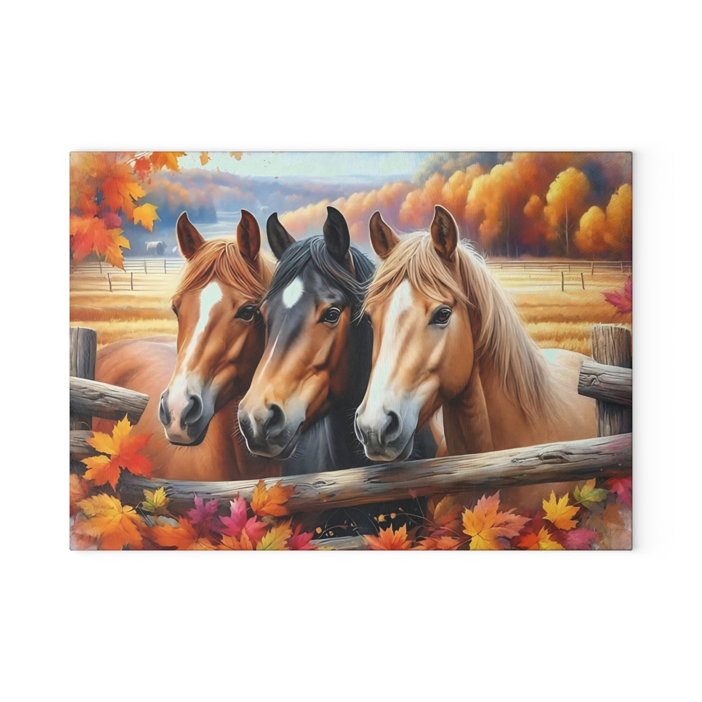 🐎🍂 Autumn Horses Glass Cutting Board – Rustic Country Charm for Your Kitchen 🍂🐎