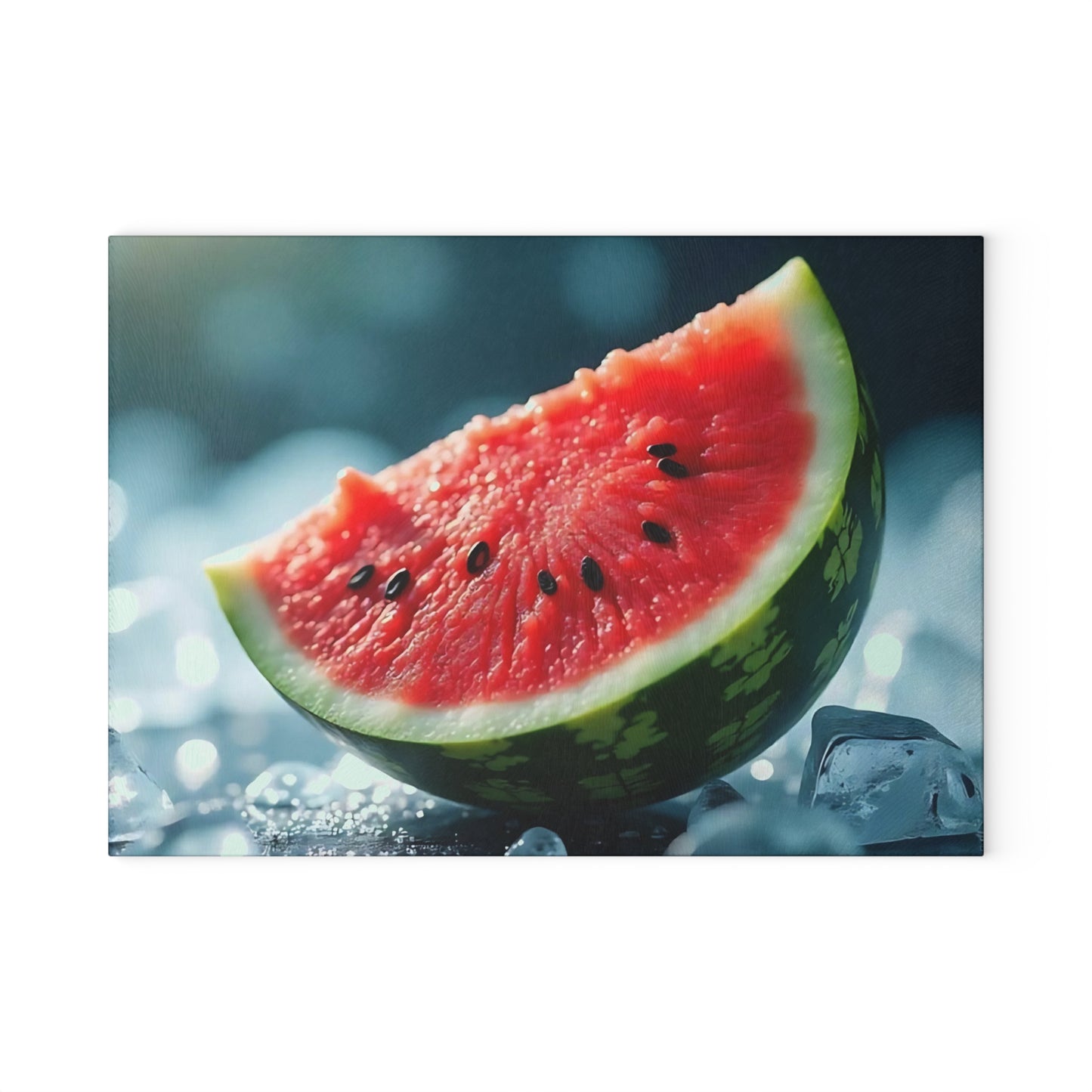 Tabla de cortar de vidrio con rodajas de sandía sobre hielo: una refrescante decoración de cocina de verano, un vibrante regalo con temática frutal.