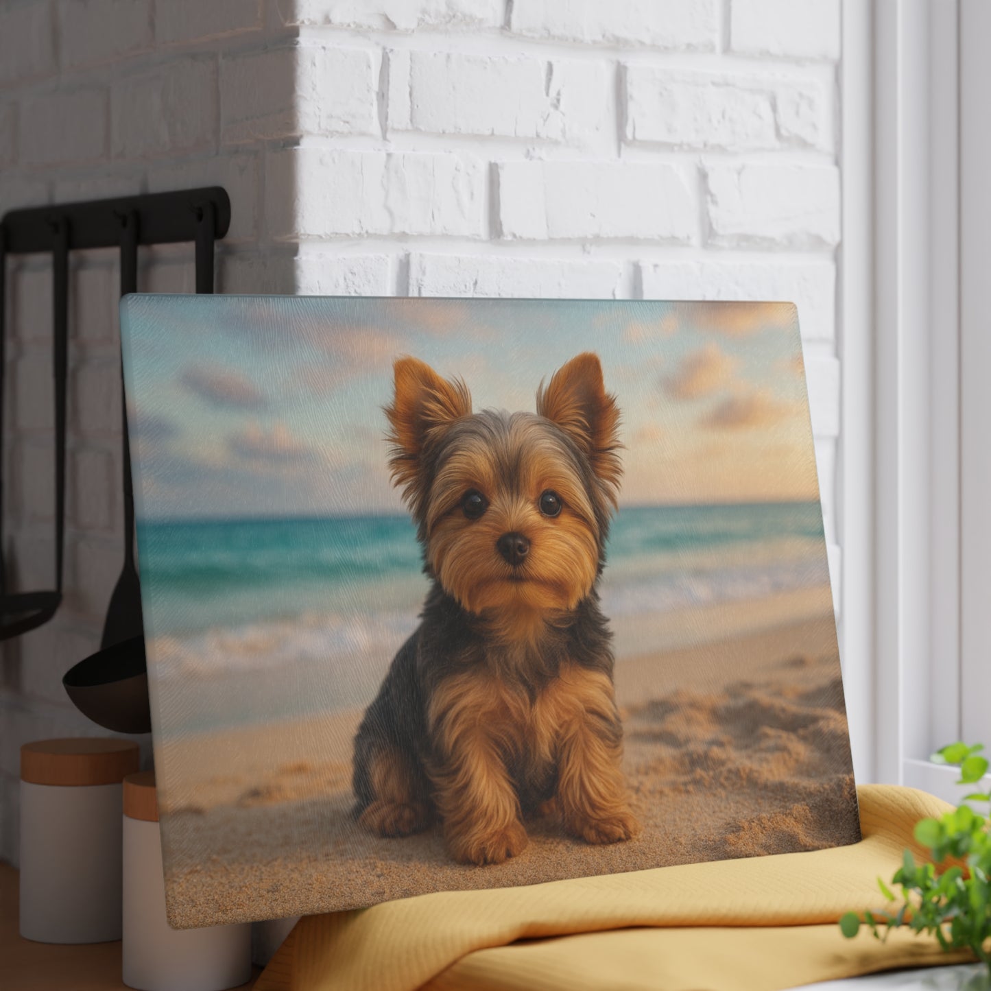 ๐พ๐ Yorkie Puppy at the Beach Cutting Board โ Coastal Cuteness for Your Kitchen ๐